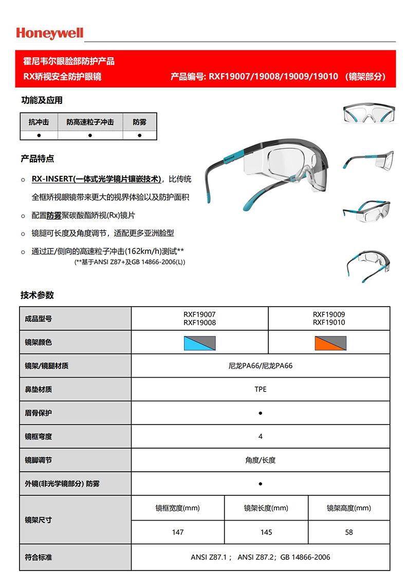 Honeywell霍尼韋爾RXF19008 RX200G防霧防沖擊靜謐藍矯視安全防護眼鏡 進階款1